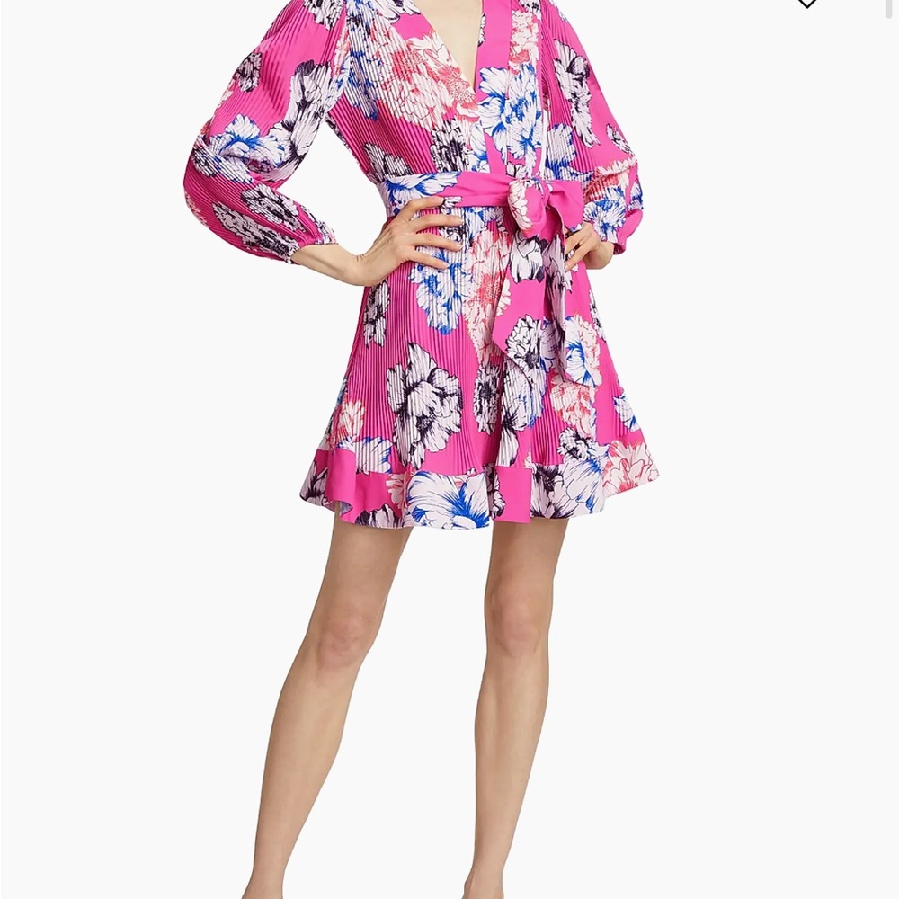 Milly Pink and Blue Floral Dress Liv Petals In Bloom Pleated Minidress - Picture 2 of 10